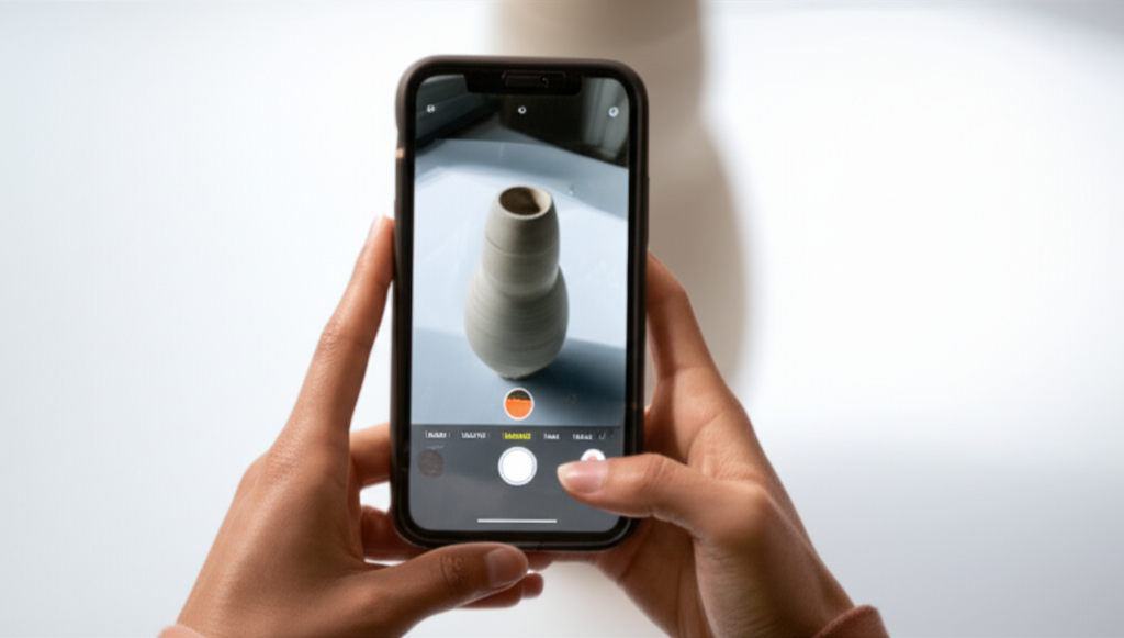 A person taking a high-quality photo of a vase for an online auction